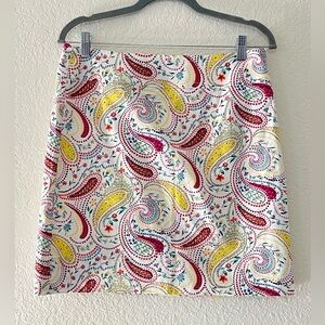 Talbots White Cotton Pencil Knee Length Skirt With Colorful Paisley Print Size 6